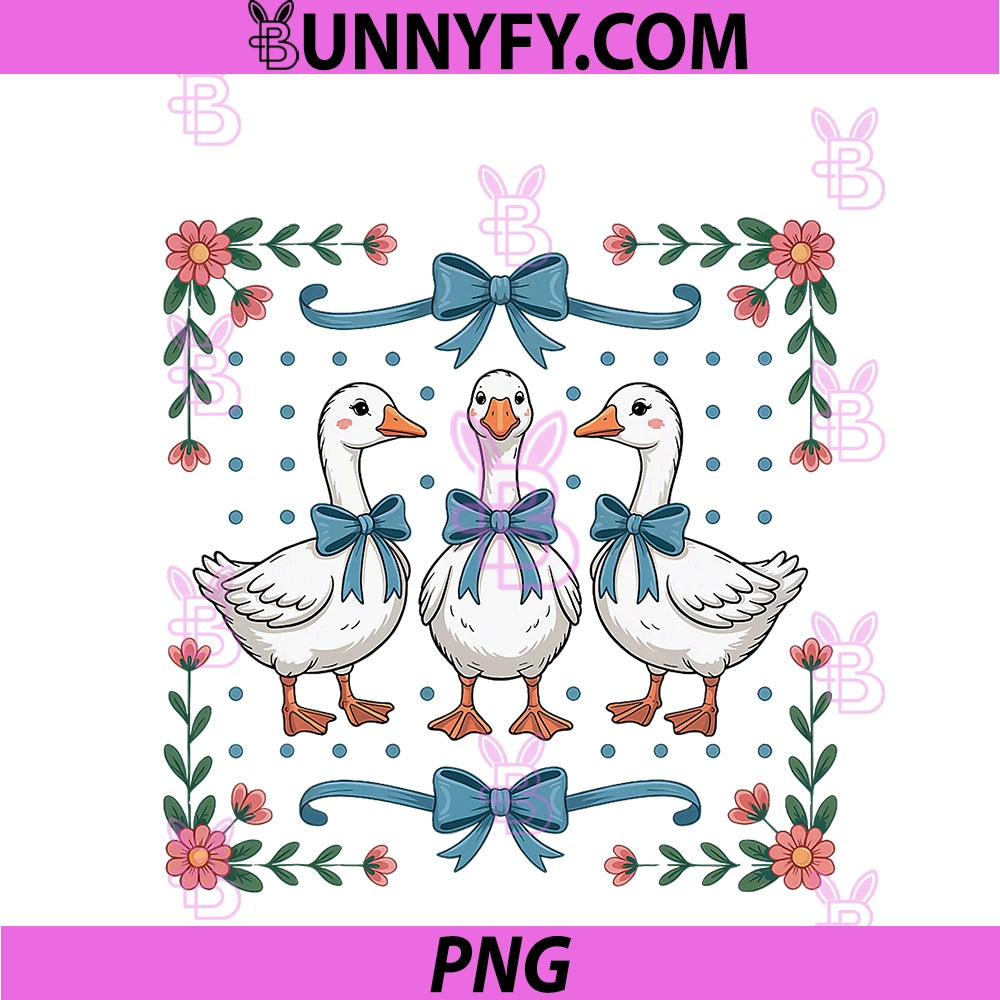 Vintage Country Geese And Flowers Bows PNG, 80s 90s Style Goose PNG