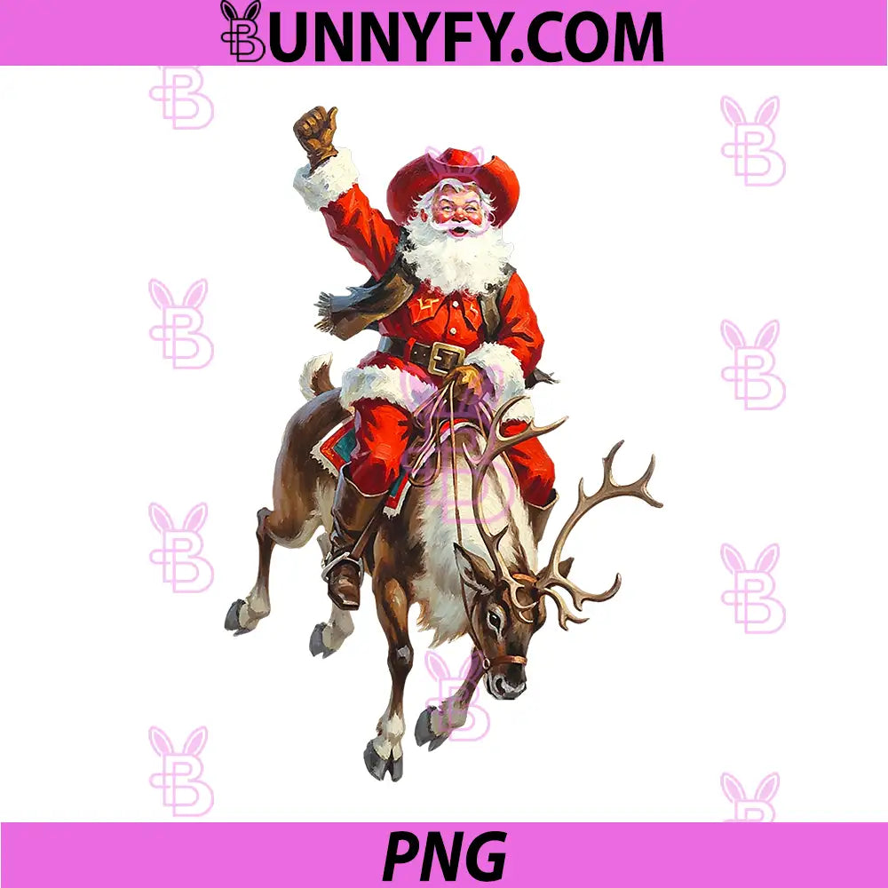 Vintage Cowboy Santa Riding Reindeer PNG, Western Christmas Art PNG