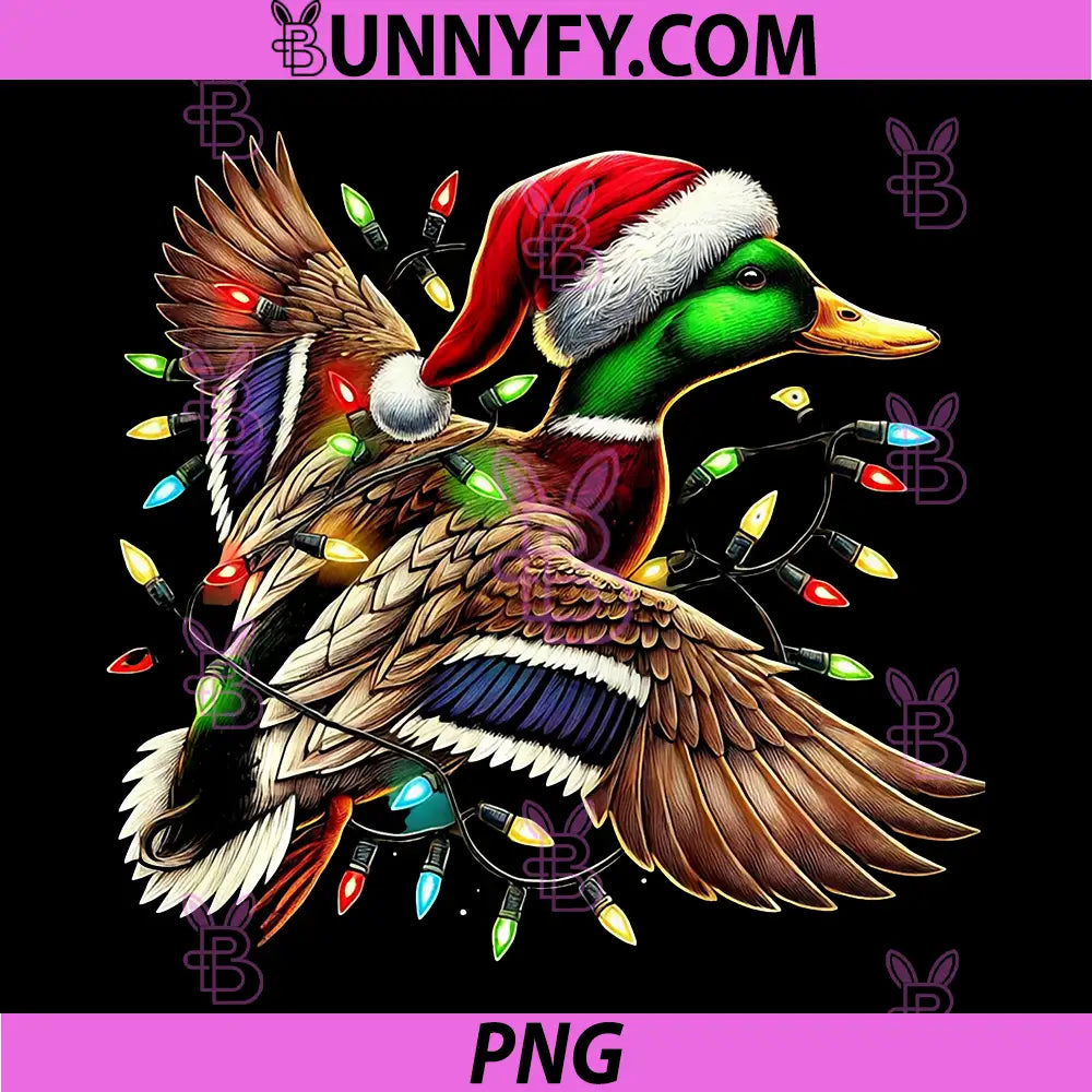 Vintage Flying Santa Duck with Christmas PNG, Lights Hunting PNG