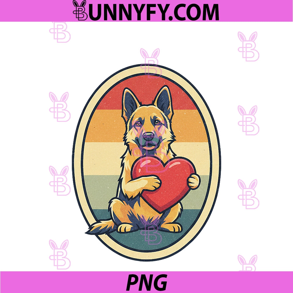 Vintage German Shepherd Dog PNG, Holding Heart Retro Sunset PNG
