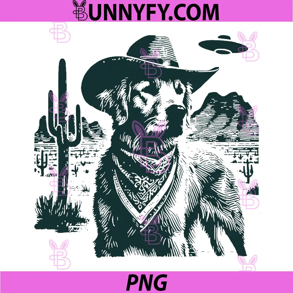 Golden Retriever Cowboy Hat Art PNG, Western Dog UFO Illustration PNG