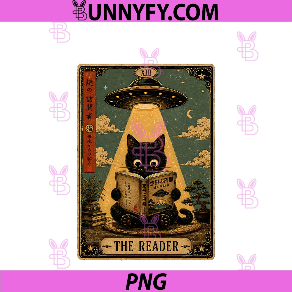 Vintage Japanese Cat Book Lovers UFO PNG, Alien Tarot Card Cat PNG