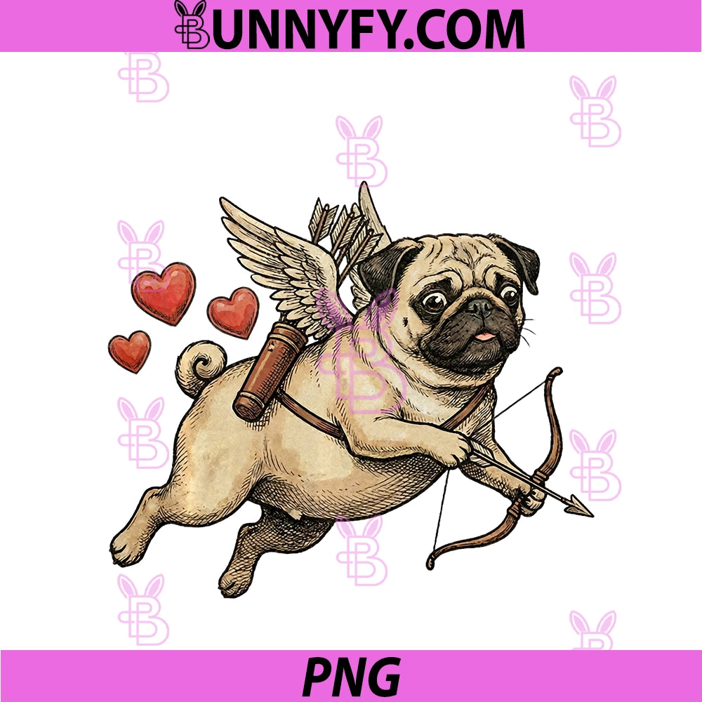 Vintage Pug Cupid Dog Flying PNG, With Bow And Arrow Hearts PNG