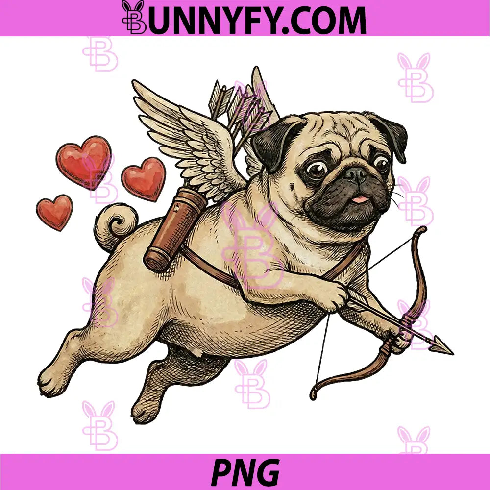 Vintage Pug Cupid Dog PNG, Flying with Bow and Arrow Hearts PNG