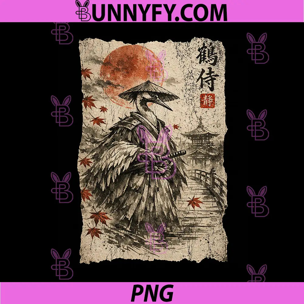 Vintage Samurai Crane Ronin PNG, Anime Ukiyo-e Graphic PNG