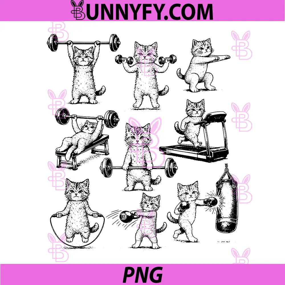 Gym Cat Weight Lifting Illustration PNG, Retro Workout Cat Set Design PNG