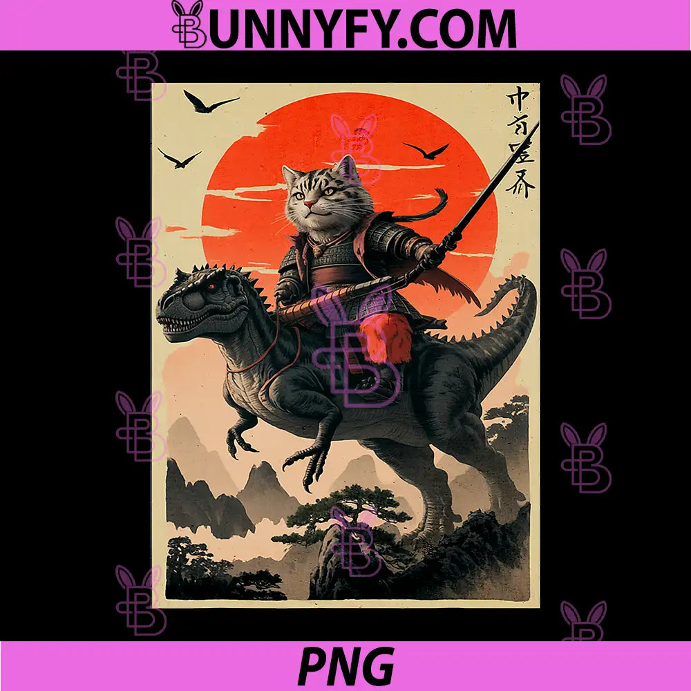 Samurai Cat Riding Dinosaur PNG, Japanese Cat Samurai PNG