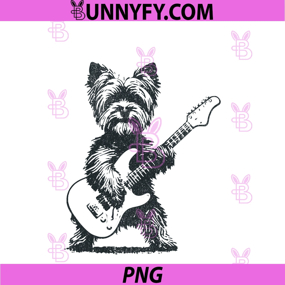 Vintage Yorkie Rock Dog Playing Guitar PNG, Funny Music Art PNG