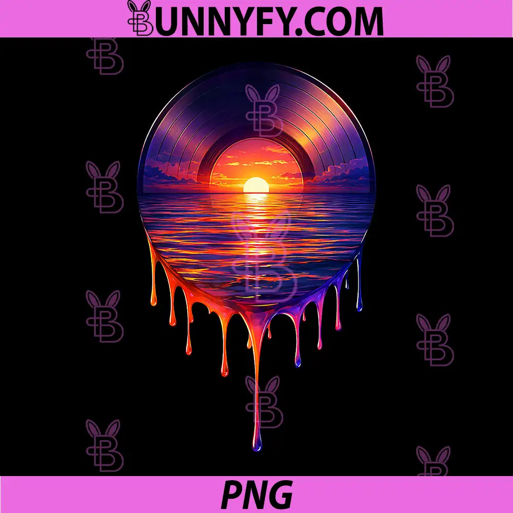 Dripping Vinyl Sunset PNG, Retro Synthwave Music Art PNG