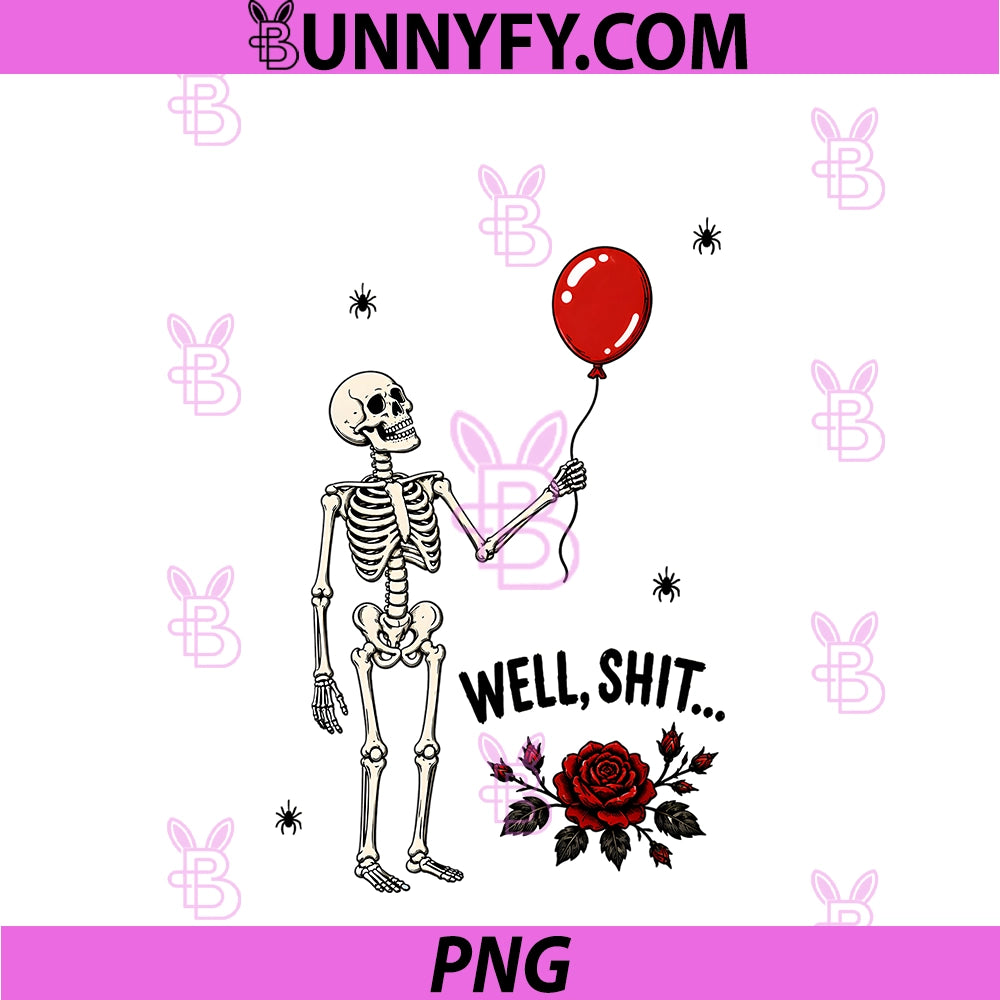 Well Shit PNG, Skeleton Red Balloon Spooky Gothic Skull Graphic PNG