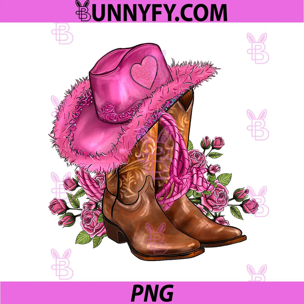 Western Country Pink PNG, Cowboy Boots Cowgirl Hat And Roses PNG