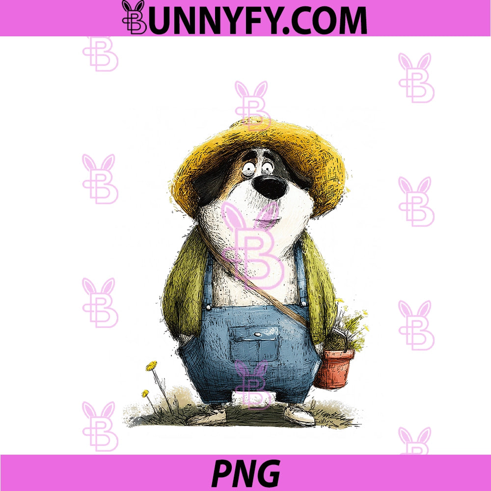 Whimsical Dog Gardener PNG, Overalls Straw Hat PNG