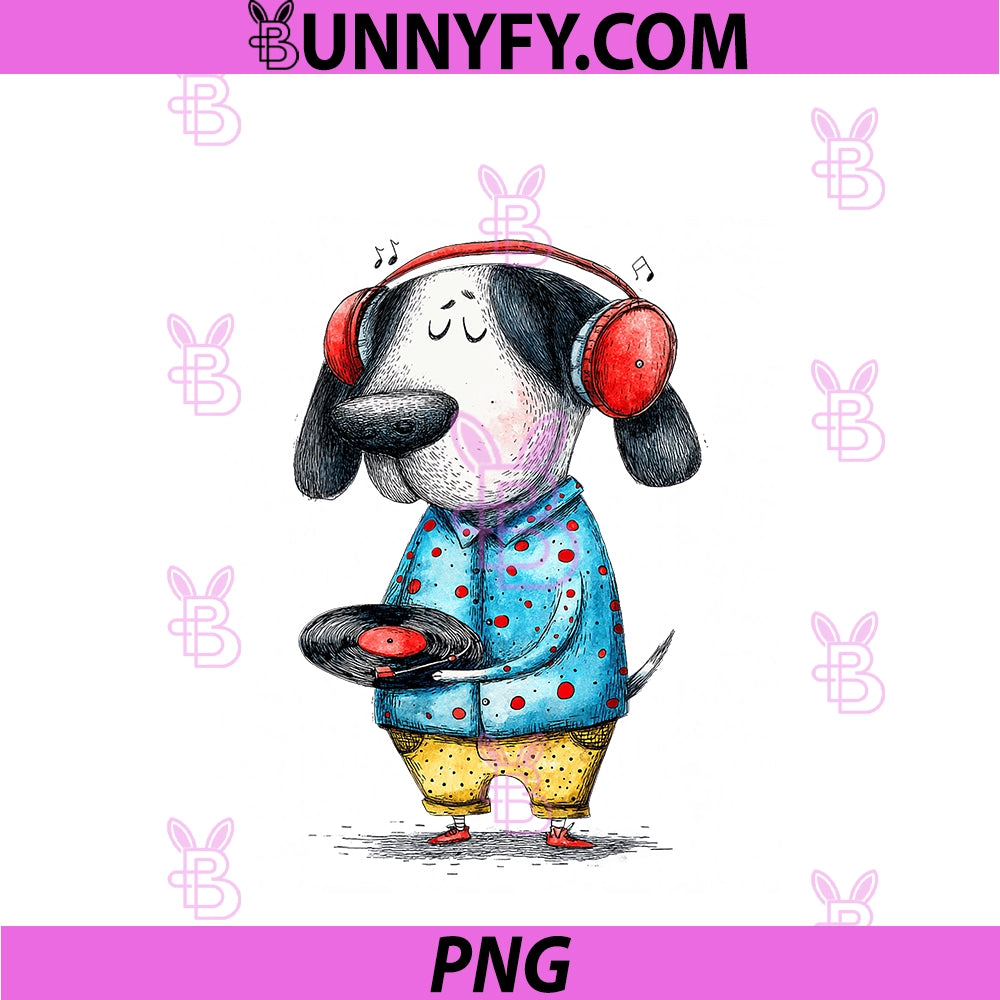 Whimsical Dog PNG, Headphones Vinyl Record Music Lover PNG