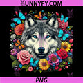 Floral Wolf Head Art PNG, Colorful Flowers And Butterflies PNG