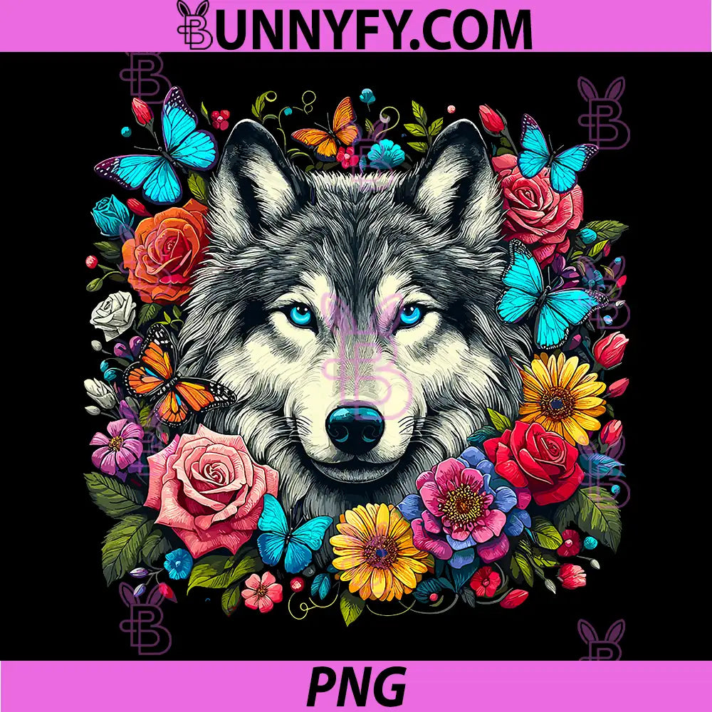 Floral Wolf Head Art PNG, Colorful Flowers And Butterflies PNG