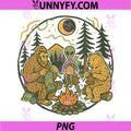 Campfire Knitting Friends PNG, Retro Bigfoot Alien Bear Knitting PNG