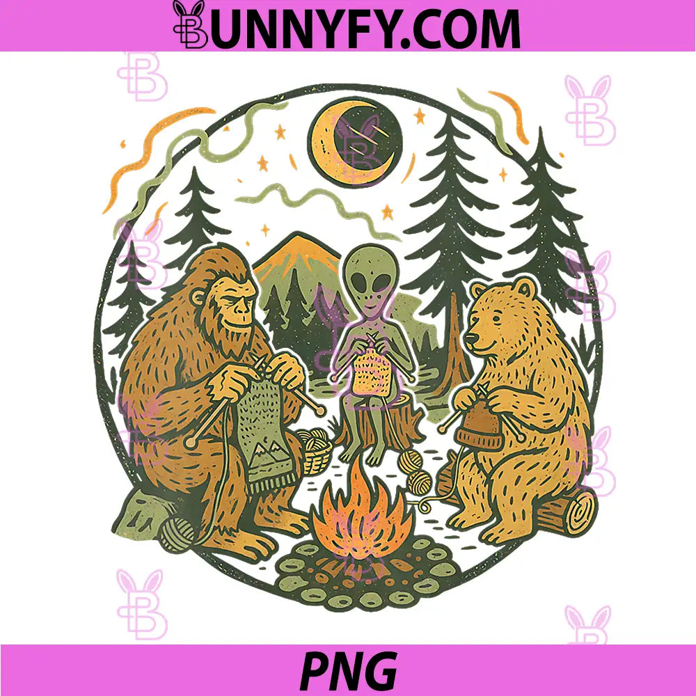 Campfire Knitting Friends PNG, Retro Bigfoot Alien Bear Knitting PNG