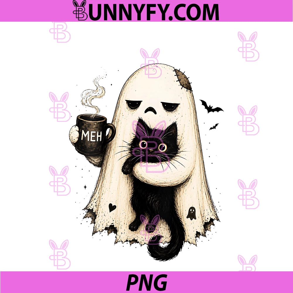 Women's Meh Ghost Cat Spooky Black Cat PNG, Funny Halloween Coffee Lover PNG