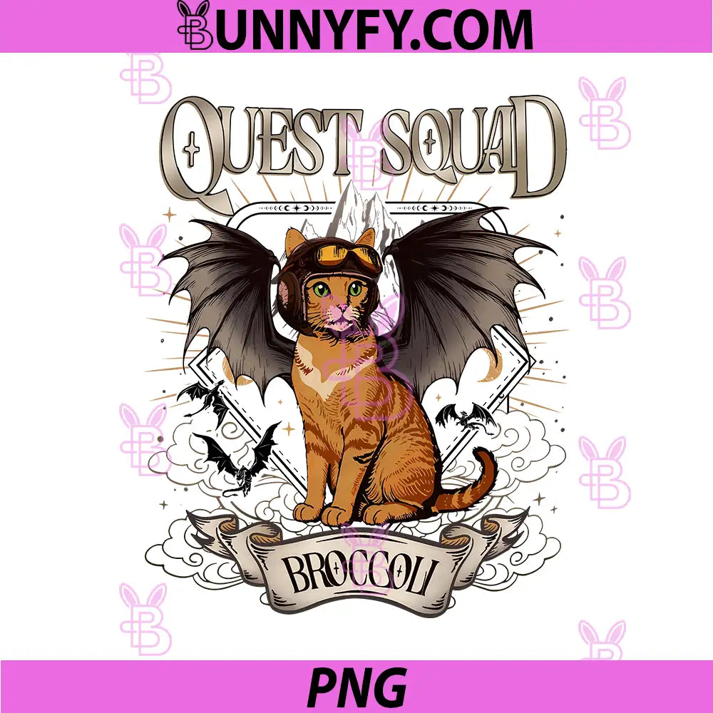 Quest Squad Broccoli Dragon Wing Cat PNG, Fantasy Adventure Cat Art PNG