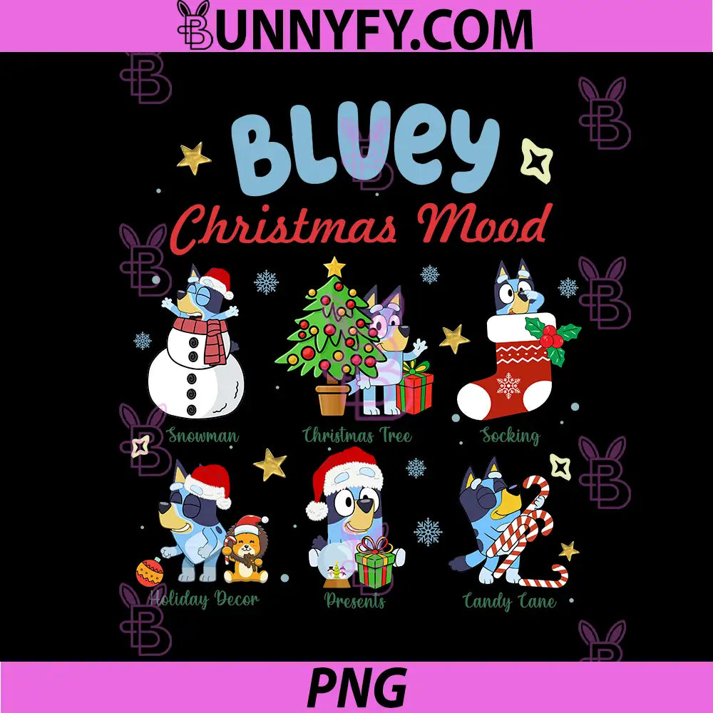 Bluey Christmas Mood With Snowman Tree And Gifts PNG, Festive Bluey Holiday Icons PNG