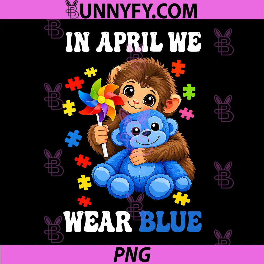 In April We Wear Blue PNG, Autism Awareness Baby Monkey Punch PNG