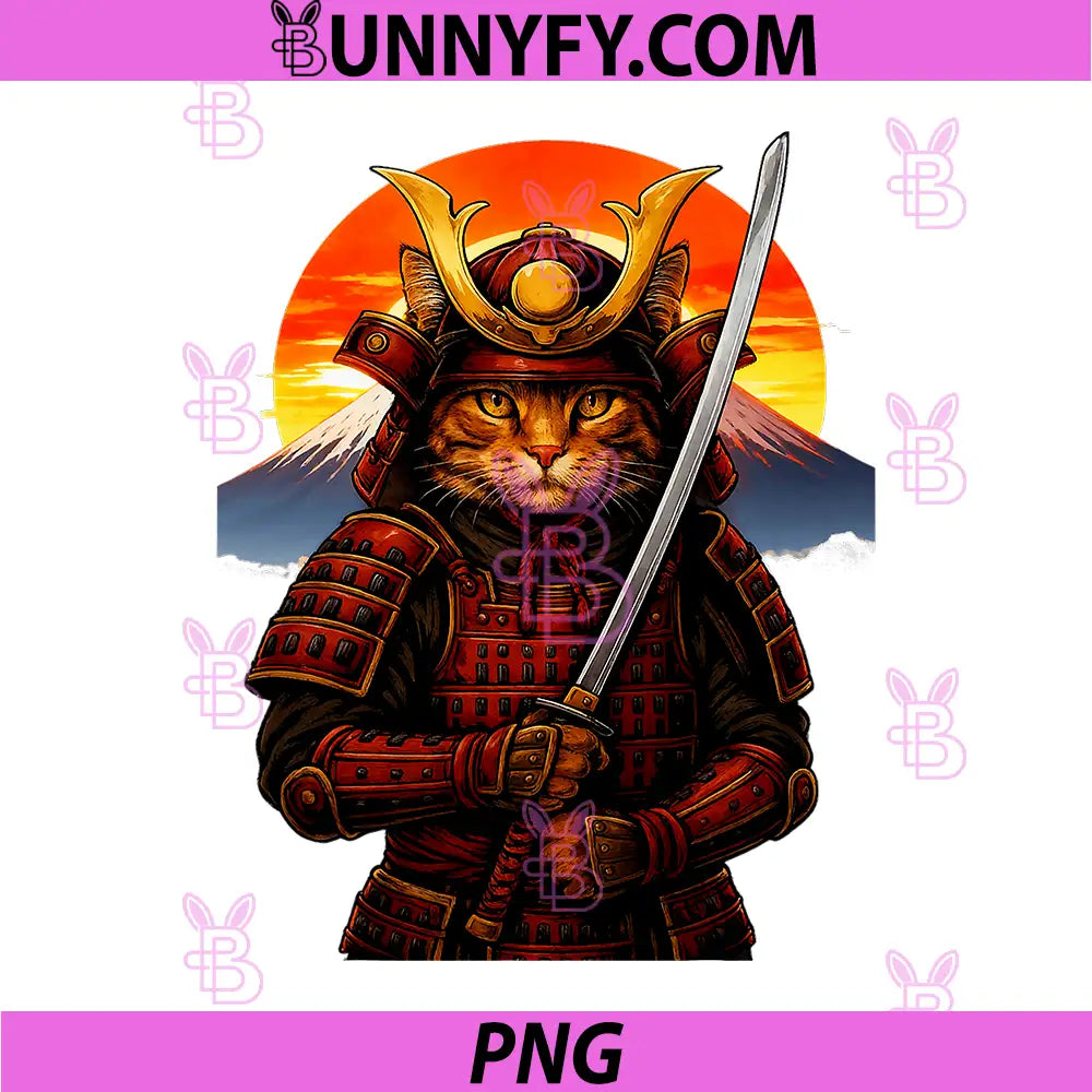 Samurai Cat Warrior With Katana PNG, Japanese Sunset Armor Art PNG