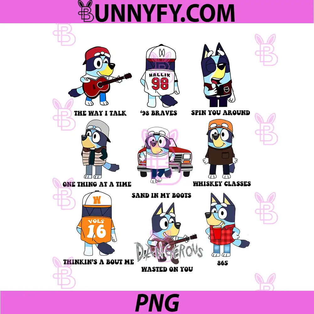 Bluey Country Music Mashup Characters PNG, Morgan Wallen Song Inspired PNG